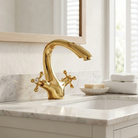 Lagomel single-hole bathroom faucet in polished gold, chrome, antique brass, oil-rubbed bronze, set in a Traditional/Classic/Vintage/Retro bathroom