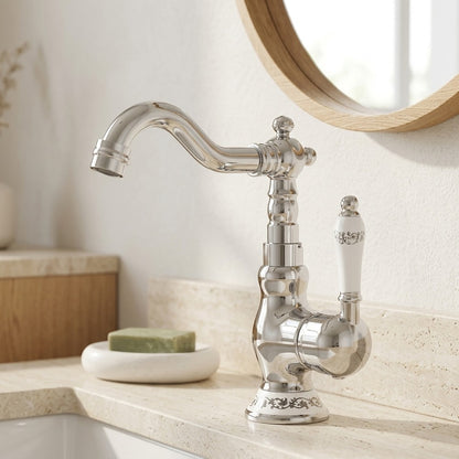 Lagomel single-hole bathroom faucet in antique brass, chrome, polished gold, set in a Vintage/Retro/Traditional/Classic bathroom
