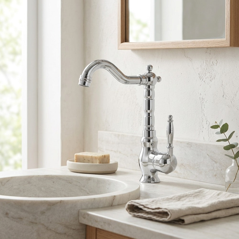 Lagomel single-hole single-handle vessel sink faucet in antique brass, chrome, polished gold, set in a Vintage/Retro/Minimalist bathroom