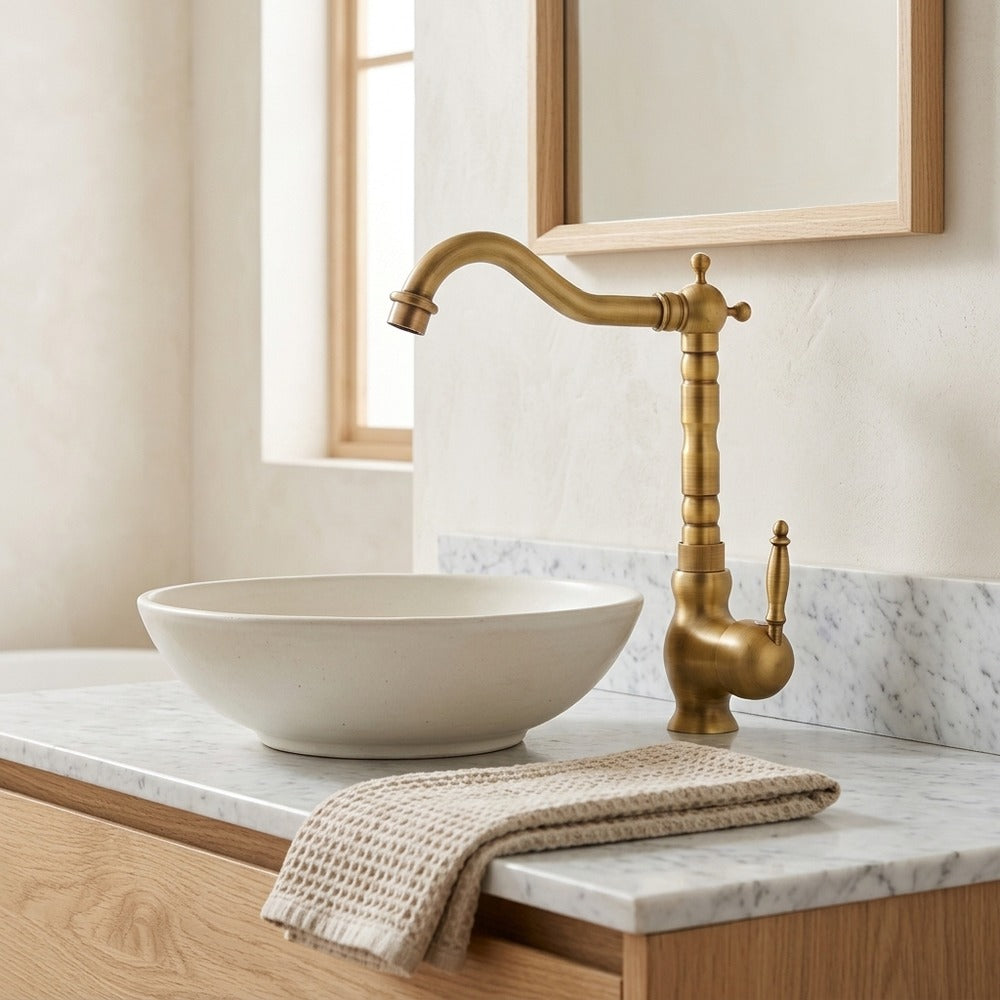 Lagomel single-hole single-handle vessel sink faucet, set in a Modern/Minimalist/Contemporary bathroom