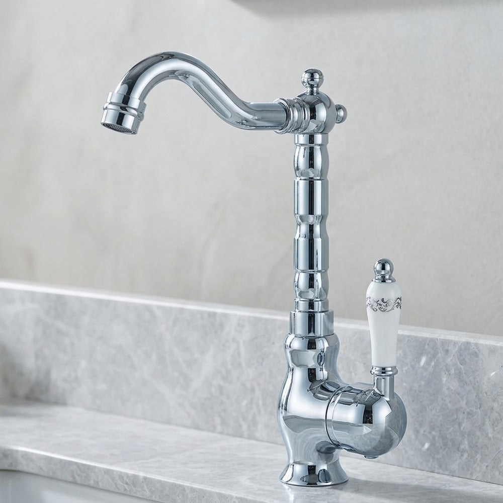 Lagomel single-handle vessel sink faucet in antique brass, chrome, polished gold, set in a Traditional/Classic/Vintage/Retro bathroom