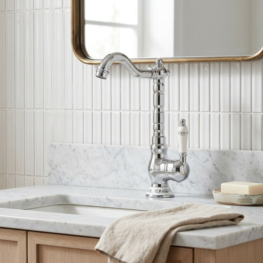 Lagomel single-handle vessel sink faucet in antique brass, chrome, polished gold, set in a Traditional/Classic/Vintage/Retro bathroom