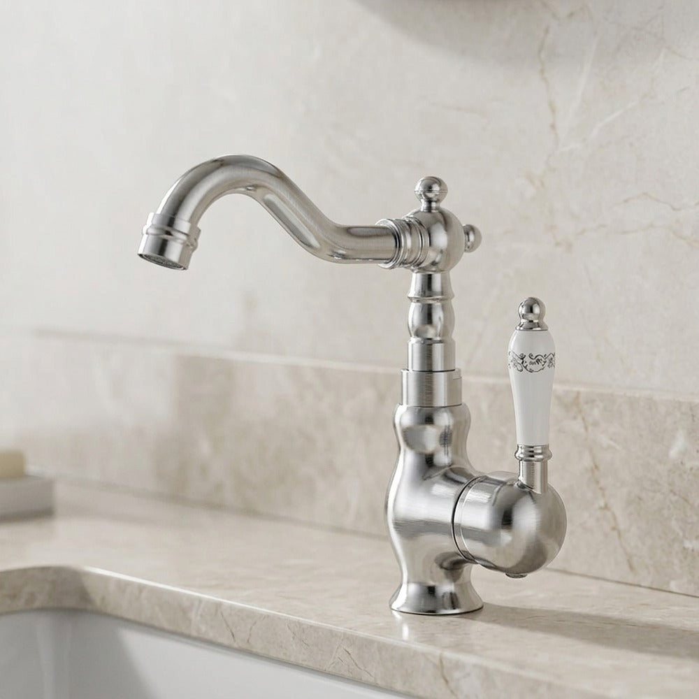 Lagomel single-hole bathroom faucet in chrome, polished gold, antique brass, set in a Vintage/Retro bathroom