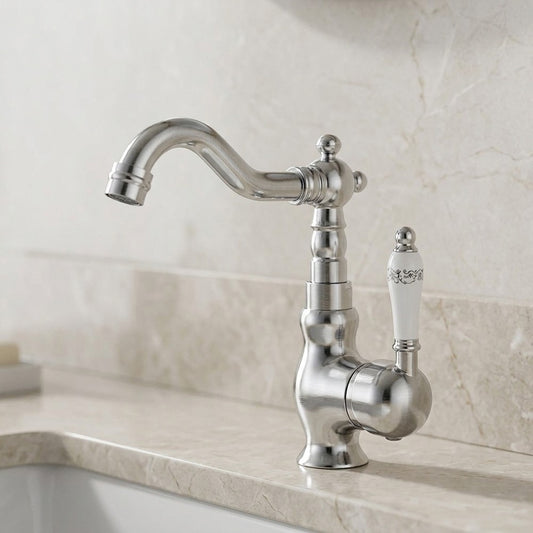 Lagomel single-hole bathroom faucet in chrome, polished gold, antique brass, set in a Vintage/Retro bathroom