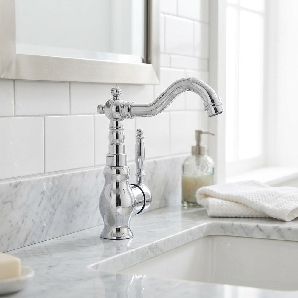 Lagomel single-hole bathroom faucet in antique brass, chrome, polished gold, set in a Vintage/Retro/Traditional/Classic bathroom