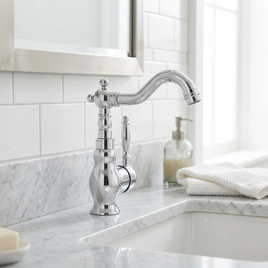 Lagomel single-hole bathroom faucet in antique brass, chrome, polished gold, set in a Vintage/Retro/Traditional/Classic bathroom