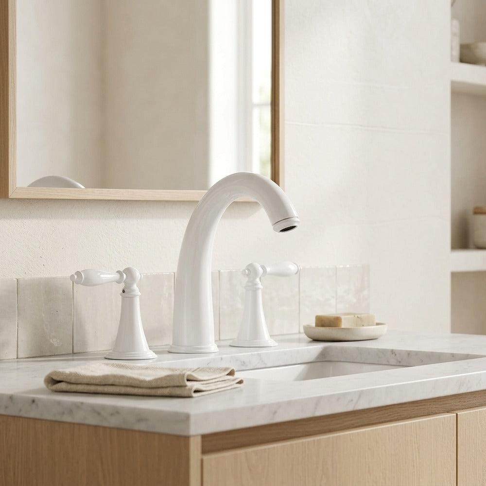 Lagomel widespread bathroom faucet in matte black, matte white, gunmetal, chrome, set in a Modern/Contemporary bathroom