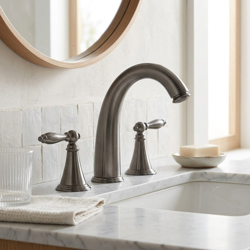 Lagomel widespread bathroom faucet, set in a Modern/Contemporary bathroom