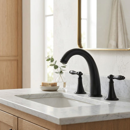 Lagomel widespread bathroom faucet, set in a Modern/Contemporary bathroom