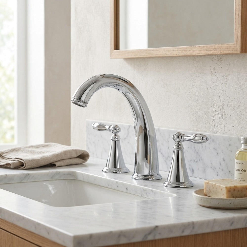 Lagomel widespread bathroom faucet, set in a Modern/Contemporary bathroom