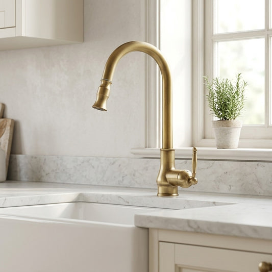 Lagomel single-hole single-handle pull-down kitchen faucet in antique brass, brushed brass, brushed nickel, set in a Traditional/Classic/Vintage/Retro kitchen