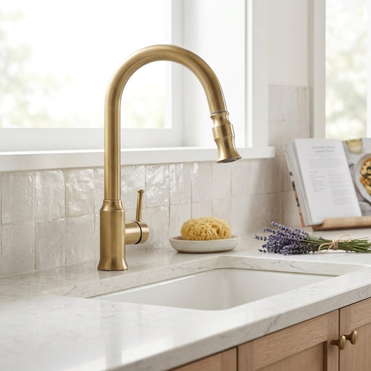 Lagomel single-handle pull-down kitchen faucet in antique brass, brushed brass, brushed nickel, set in a Vintage/Retro kitchen