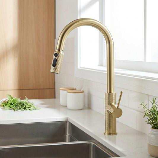 Lagomel single-handle pull-down kitchen faucet in brushed gold, gunmetal, chrome, set in a Modern/Contemporary kitchen