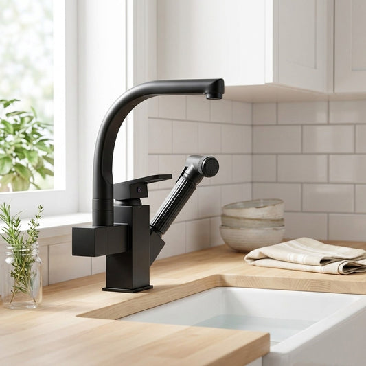 Lagomel single-handle pull-out kitchen faucet in matte black, chrome, set in a Modern/Contemporary kitchen