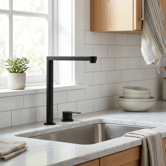 Lagomel single-handle kitchen faucet in matte black, stainless steel, set in a Modern/Contemporary kitchen