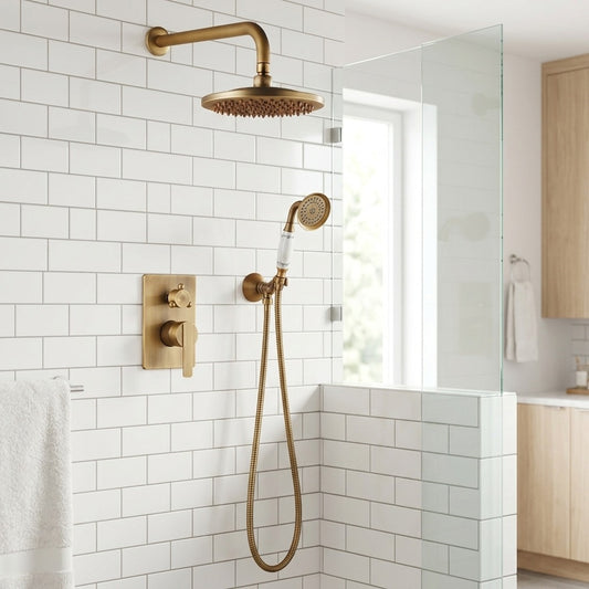 Lagomel wall-mounted complete shower system in matte black, oil-rubbed bronze, set in a Traditional/Classic/Vintage/Retro bathroom