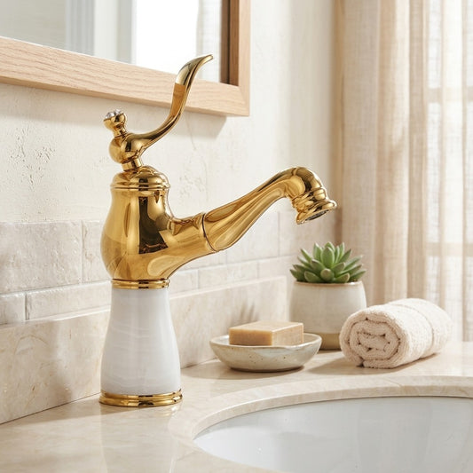 Lagomel single-hole bathroom faucet in polished gold, two-tone / mixed finish, set in a Traditional/Classic/Vintage/Retro bathroom