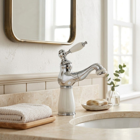 Lagomel single-hole bathroom faucet in chrome, two-tone / mixed finish, set in a Vintage/Retro/Traditional/Classic bathroom