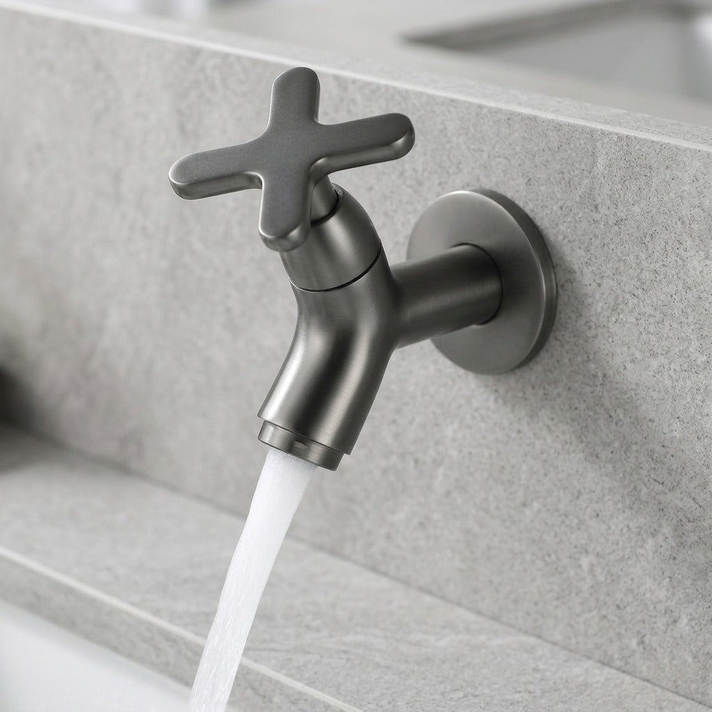 Lagomel wall-mount bathroom faucet in gunmetal, chrome, matte white, matte black, brushed gold, brushed brass, set in a Modern/Minimalist bathroom