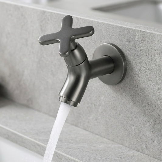 Lagomel wall-mount bathroom faucet in gunmetal, chrome, matte white, matte black, brushed gold, brushed brass, set in a Modern/Minimalist bathroom