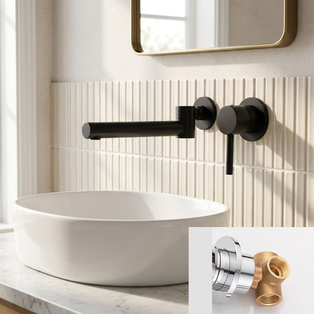 Lagomel single-handle wall-mount bathroom faucet in chrome, matte black, set in a Modern/Minimalist bathroom