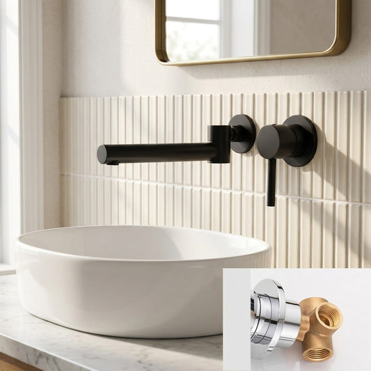 Lagomel single-handle wall-mount bathroom faucet in chrome, matte black, set in a Modern/Minimalist bathroom