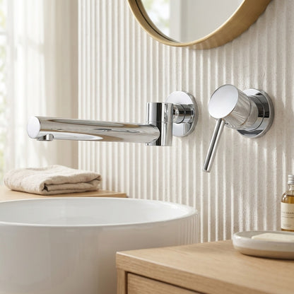 Lagomel single-handle wall-mount bathroom faucet, set in a Modern/Contemporary bathroom