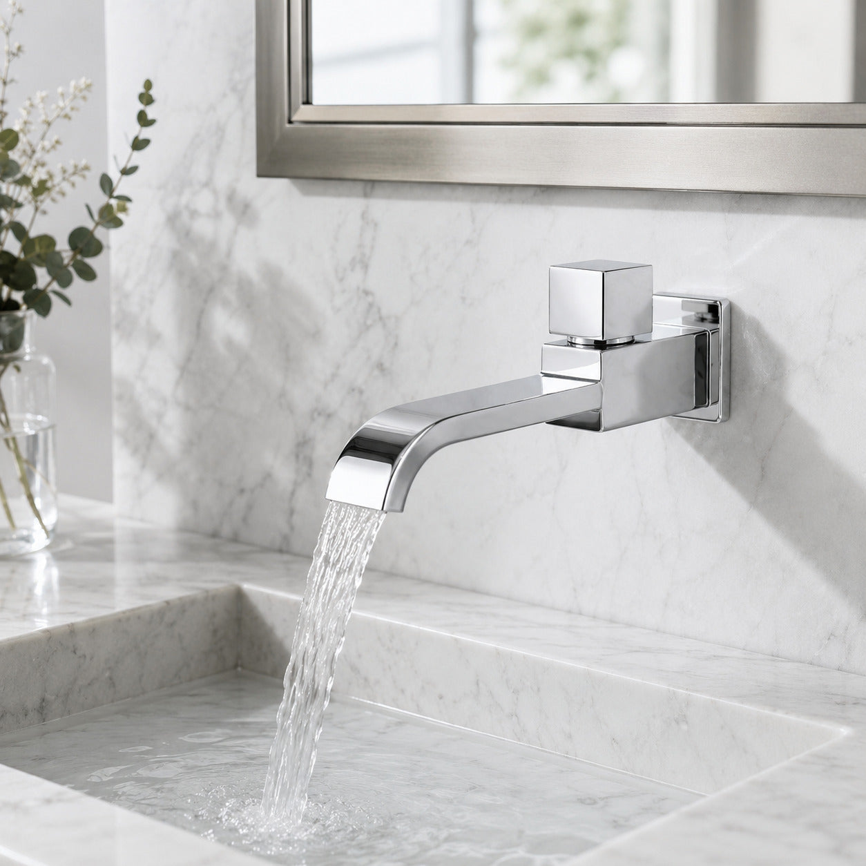 Lagomel single-handle wall-mount bathroom faucet in chrome, matte black, brushed gold, set in a Contemporary bathroom