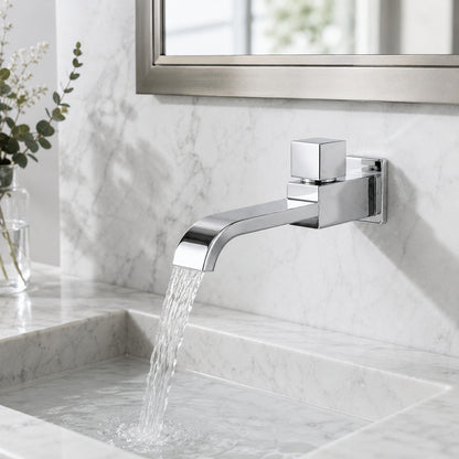 Lagomel single-handle wall-mount bathroom faucet in chrome, matte black, brushed gold, set in a Contemporary bathroom
