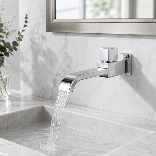 Lagomel single-handle wall-mount bathroom faucet in chrome, matte black, brushed gold, set in a Contemporary bathroom