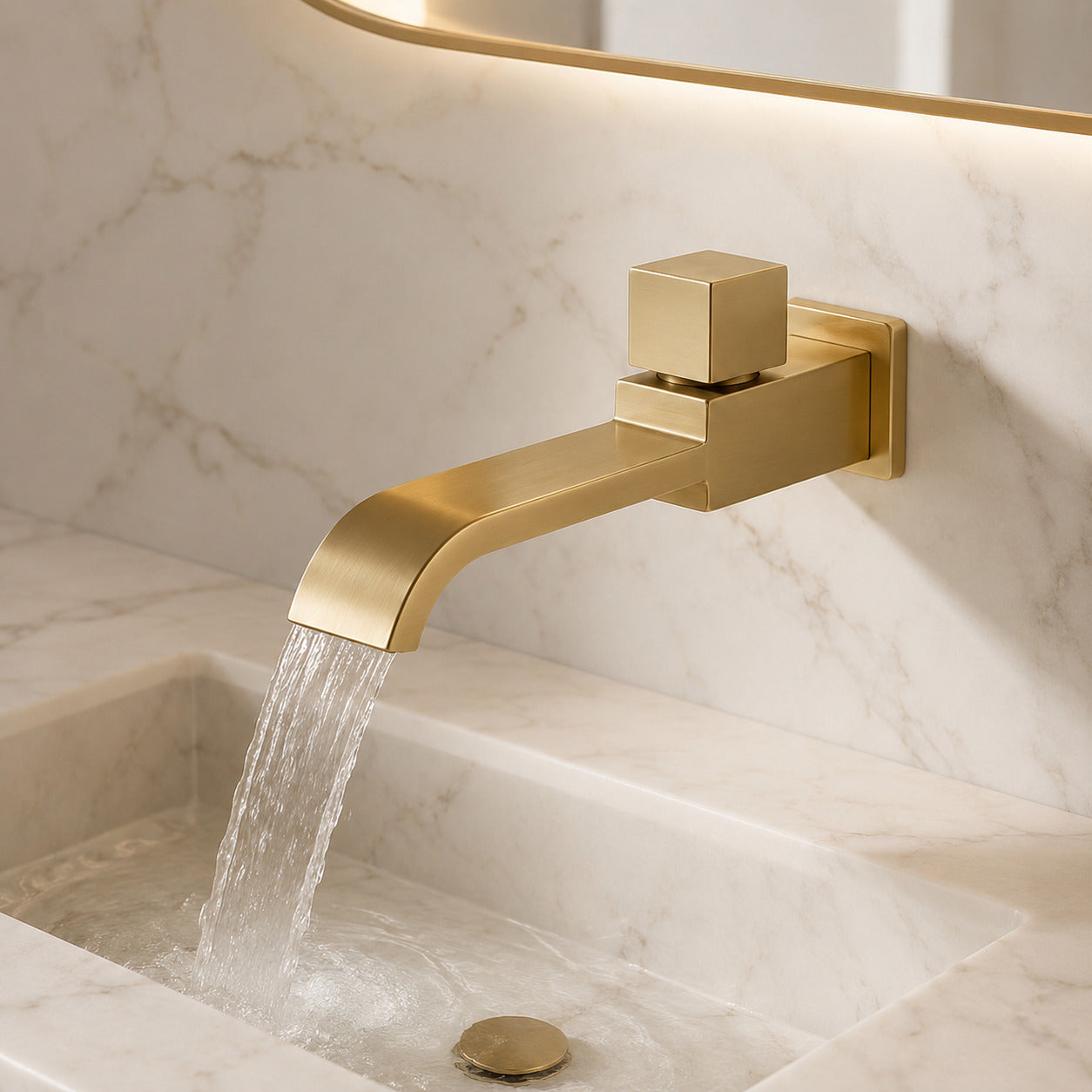 Lagomel single-handle wall-mount bathroom faucet, set in a Modern/Contemporary bathroom