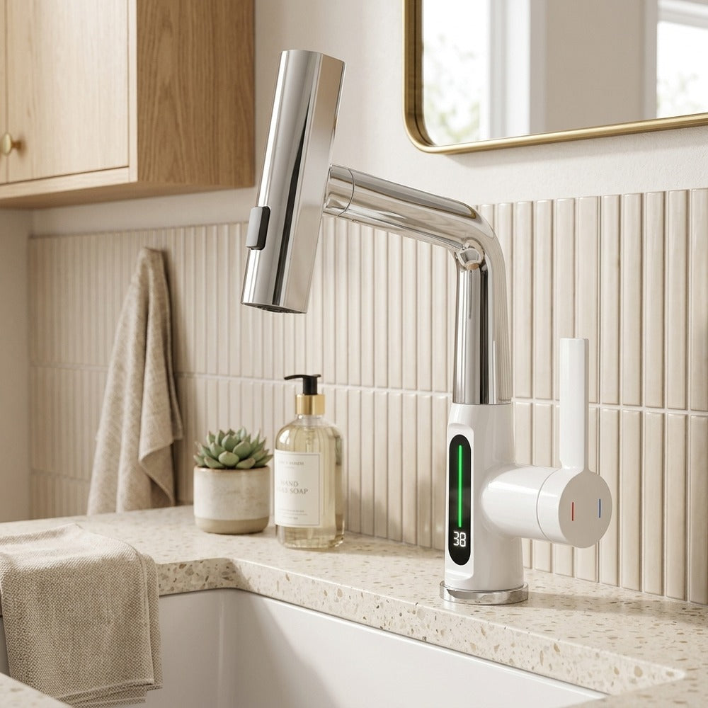 Lagomel waterfall pull-out single-hole bathroom faucet in chrome, gunmetal, matte black, matte white, set in a Modern/Contemporary/Minimalist bathroom