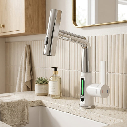 Lagomel waterfall pull-out single-hole bathroom faucet in chrome, gunmetal, matte black, matte white, set in a Modern/Contemporary/Minimalist bathroom