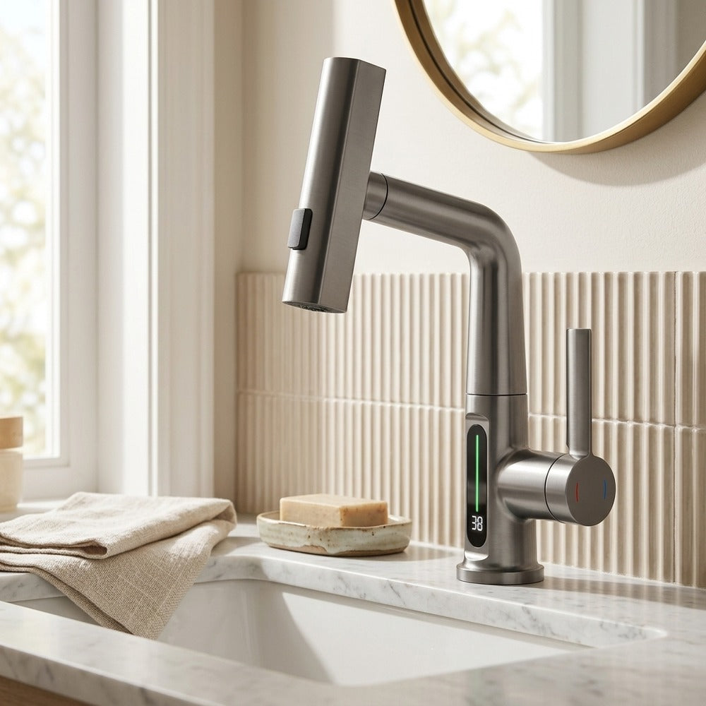 Lagomel waterfall pull-out single-hole bathroom faucet, set in a Modern/Contemporary/Minimalist bathroom