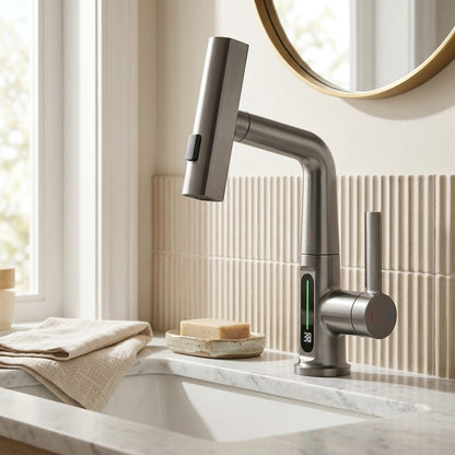 Lagomel waterfall pull-out single-hole bathroom faucet, set in a Modern/Contemporary/Minimalist bathroom