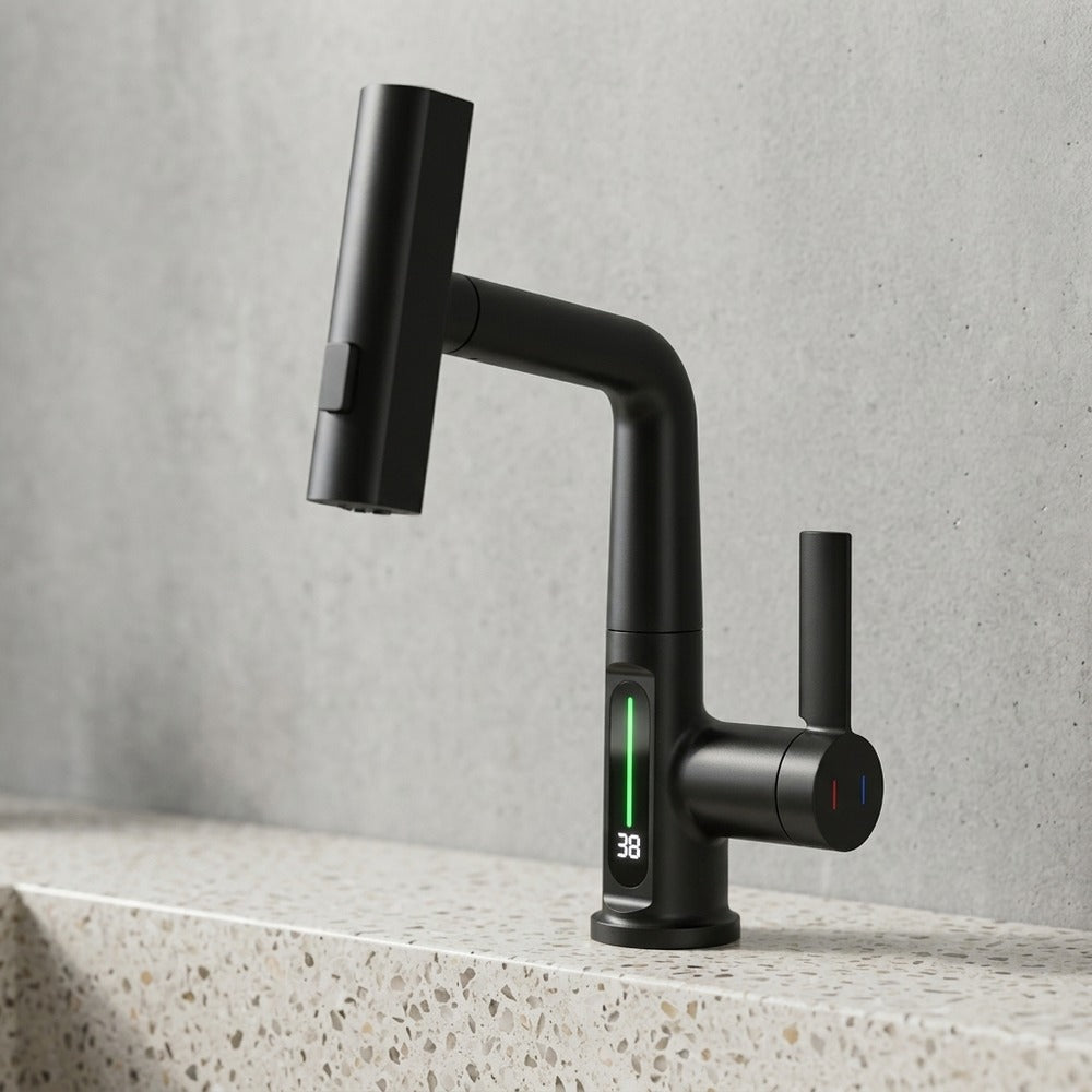 Lagomel waterfall pull-out single-hole bathroom faucet, set in a Modern/Contemporary/Minimalist bathroom