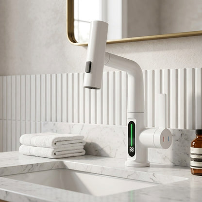 Lagomel waterfall pull-out single-hole bathroom faucet, set in a Modern/Contemporary/Minimalist bathroom