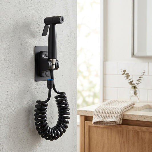 Lagomel wall-mounted bidet attachment in stainless steel, matte black, set in a Contemporary bathroom