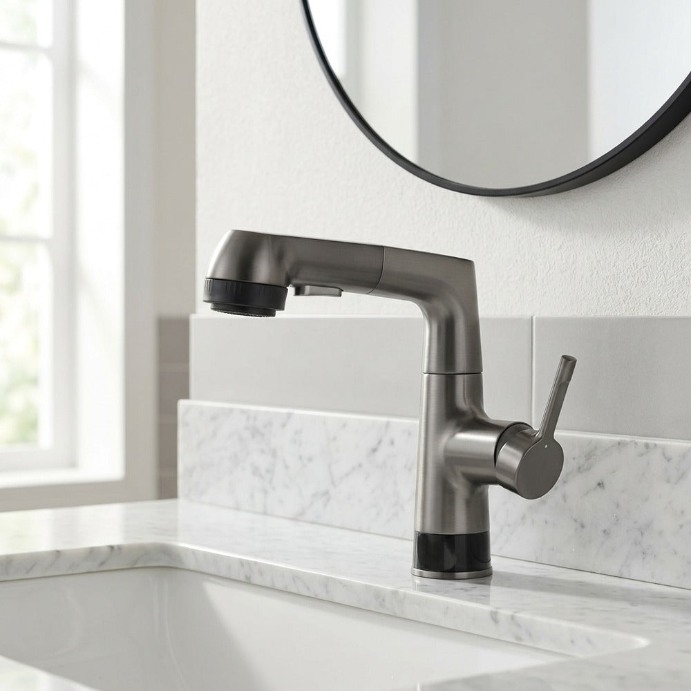 Lagomel pull-out single-hole bathroom faucet in gunmetal, matte white, chrome, set in a Modern/Contemporary bathroom
