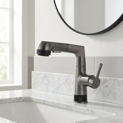 Lagomel pull-out single-hole bathroom faucet in gunmetal, matte white, chrome, set in a Modern/Contemporary bathroom