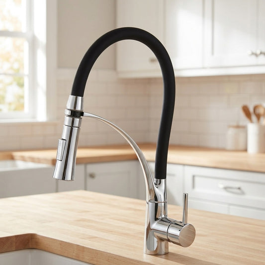 Lagomel single-handle pull-down kitchen faucet in polished gold, chrome, set in a Modern/Contemporary kitchen