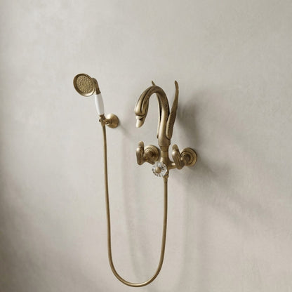 Lagomel wall-mount tub filler in antique brass, matte black, chrome, pvd, set in a Vintage/Retro/Art Deco bathroom