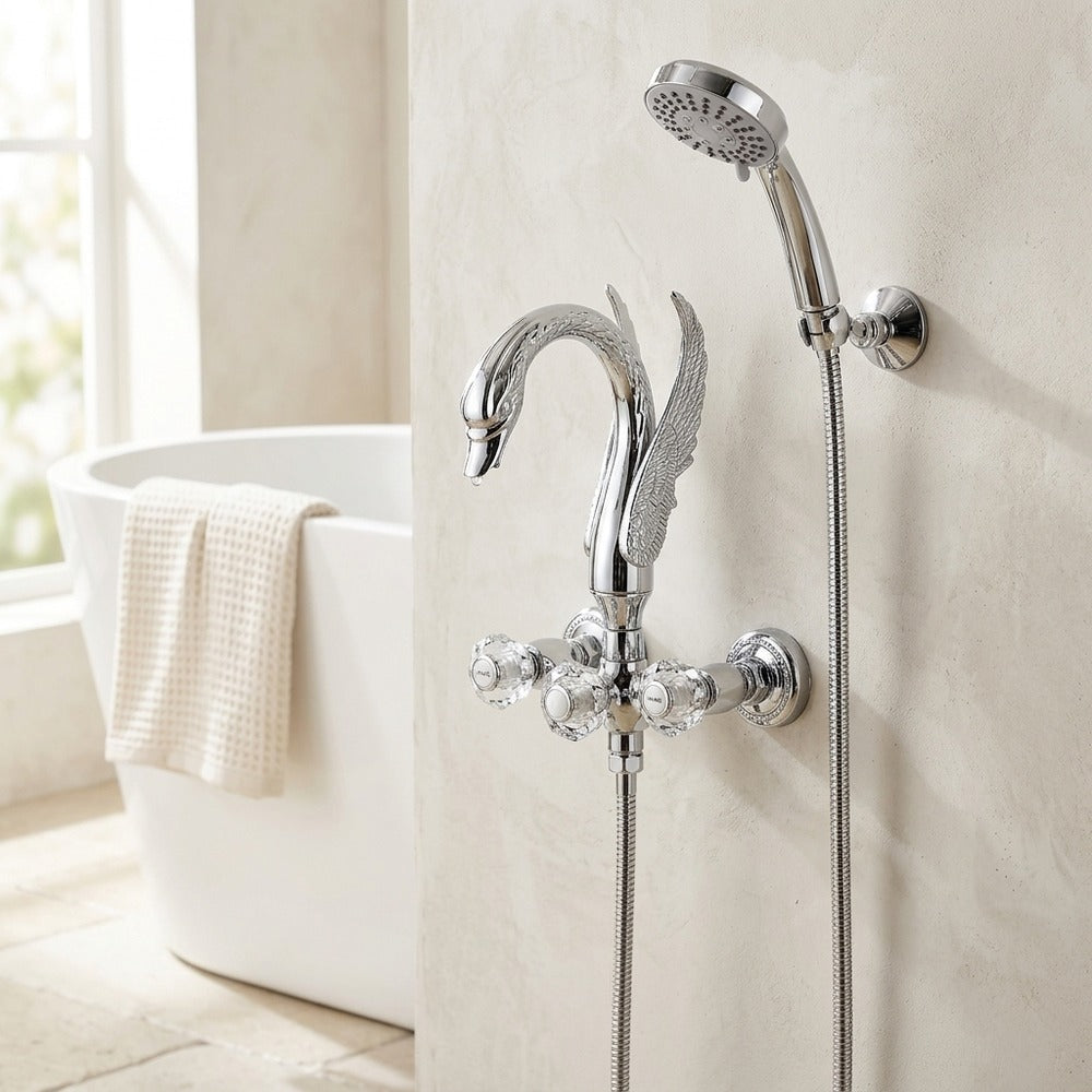 Lagomel wall-mount tub filler, set in a Vintage/Retro/Art Deco bathroom