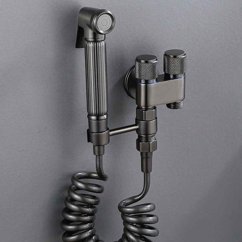 Lagomel wall-mounted bidet faucet in gunmetal, matte black, chrome, set in a Contemporary bathroom