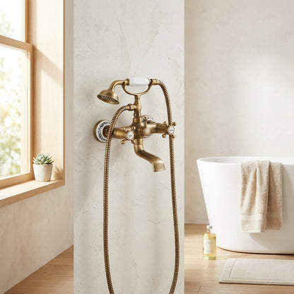 Lagomel wall-mount tub filler in antique brass, oil-rubbed bronze, set in a Vintage/Retro/Traditional/Classic bathroom