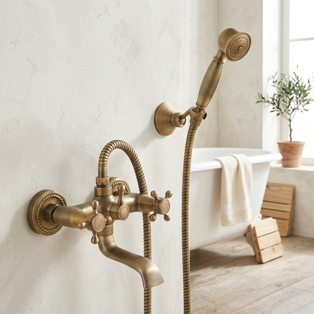 Lagomel wall-mount tub filler, set in a Vintage/Retro/Art Deco bathroom