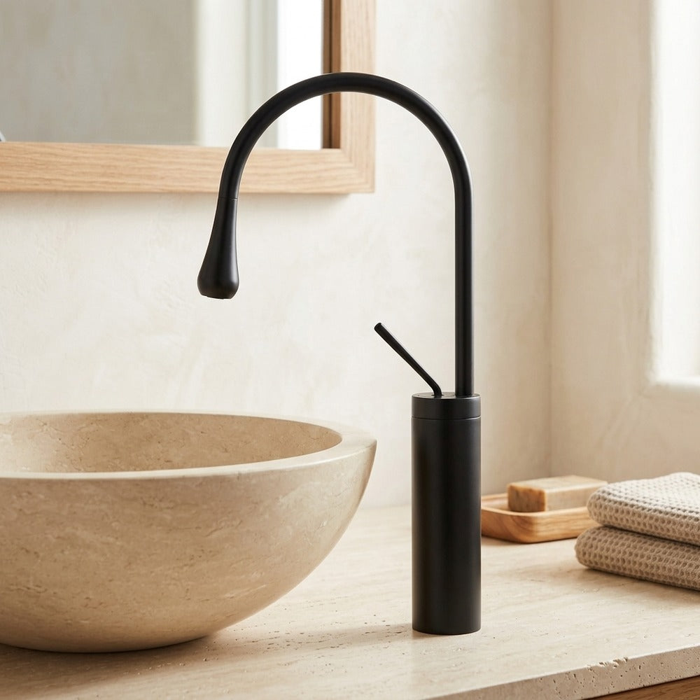 Lagomel single-hole single-handle vessel sink faucet in matte black, matte white, chrome, brushed gold, two-tone /, set in a Modern/Contemporary bathroom