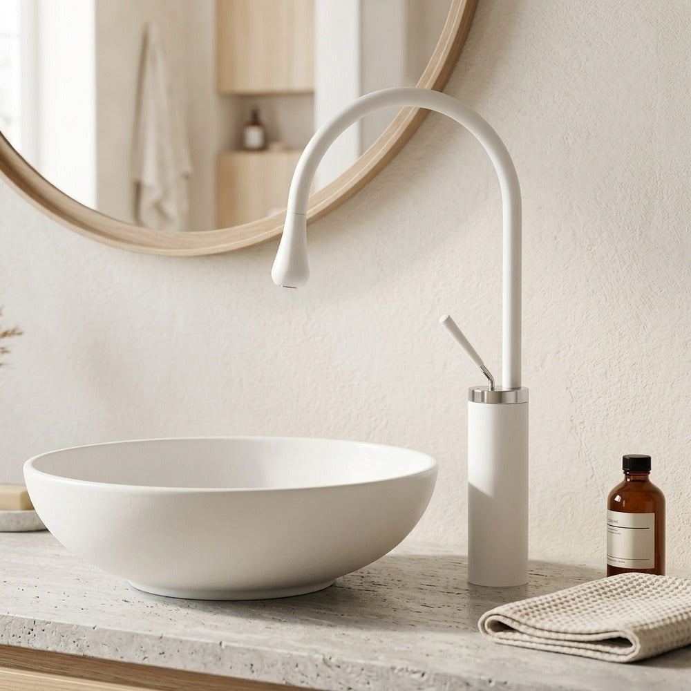 Lagomel single-hole single-handle vessel sink faucet, set in a Modern/Minimalist/Contemporary bathroom