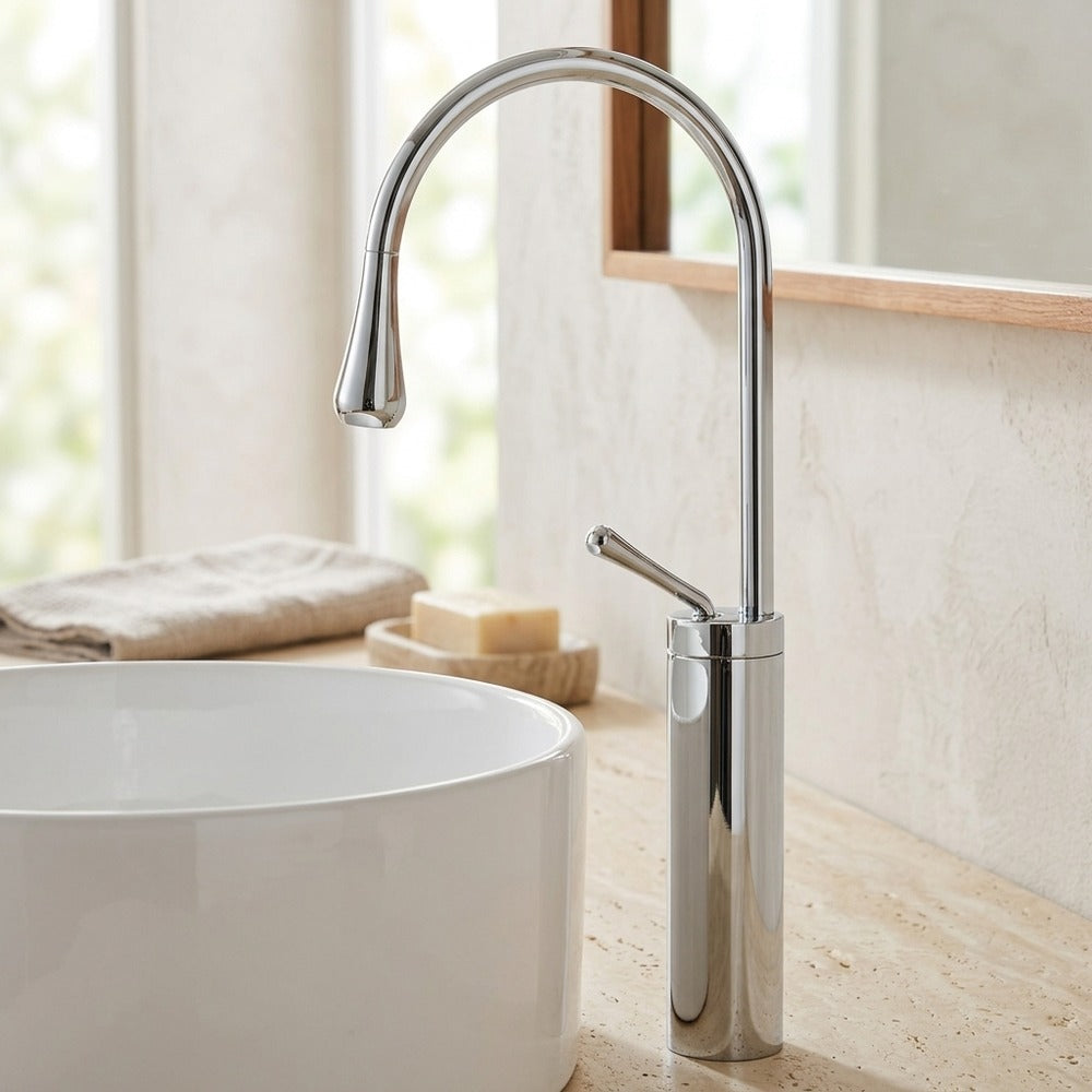 Lagomel single-hole single-handle vessel sink faucet, set in a Modern/Minimalist/Contemporary bathroom