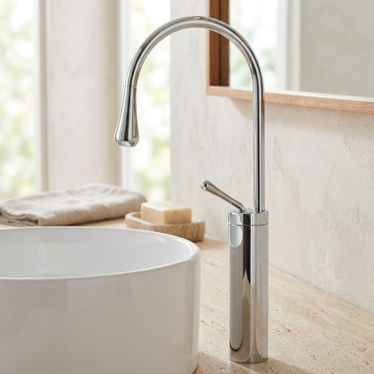 Lagomel single-hole single-handle vessel sink faucet, set in a Modern/Minimalist/Contemporary bathroom